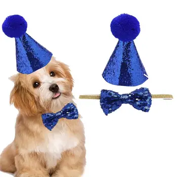 Комплект шляп для домашних животных с бантом, эластичный ремешок для галстука, шляпа для домашних животных, праздничная шляпа с блестками и плюшевым шариком, регулируемая для косплея