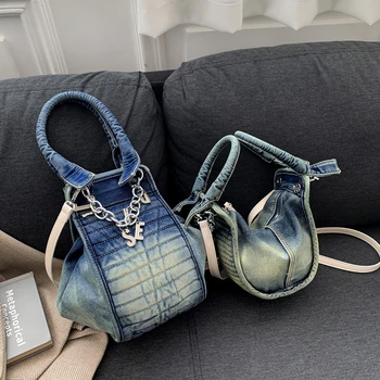 Винтажная застиранная джинсовая сумка, роскошная женская сумка-клатч с блестящей бриллиантовой цепочкой, складная холщовая круглая сумочка, маленькая сумка через плечо