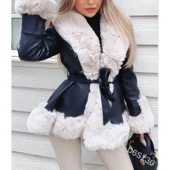 Теплое пальто из кроличьего меха, облегающее талию, искусственная кожа, облегающие меховые пальто Y2K, женские модные куртки из искусственной кожи с длинным рукавом и карманами, верхняя одежда