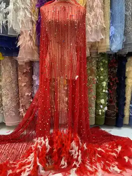 Вышивка 3D кружевной ткани с красными Африканскими перьями 2023 Высококачественные камни Нигерийское 3D Тюлевое кружево для свадебной вечеринки Длинное платье Сшить