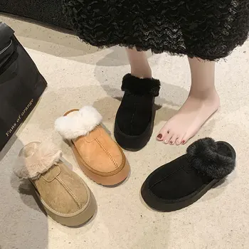 Зимние женские тапочки на платформе среднего размера, роскошные шлепанцы, меховая обувь, Пантофли с закрытым носком, Дизайнерская плюшевая обувь из флока, 2023, резина с мехом
