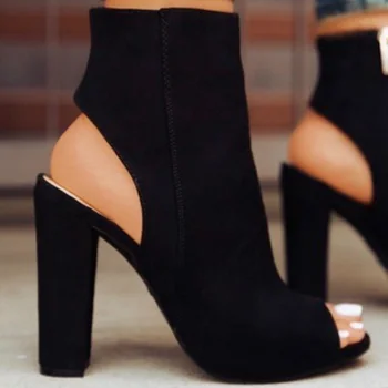 Ботильоны из искусственной замши, повседневные женские туфли на высоком каблуке с открытым носком и застежкой-молнией, модные квадратные резиновые черные туфли для женщин, большие размеры 43