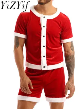 Мужской Рождественский костюм Санта-Клауса, Маскарадный костюм для взрослых, костюм для косплея, футболка с круглым вырезом и пуговицами, топ и шорты
