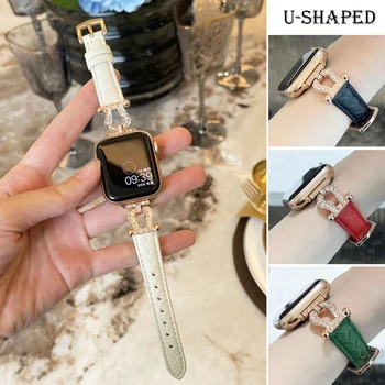 Ремешок с бриллиантами для Apple Watch Band 44 мм 45 мм 38-42-40-41 мм роскошный Кожаный браслет iwatch series 8 7 SE 6 5 4 Ultra 49 мм