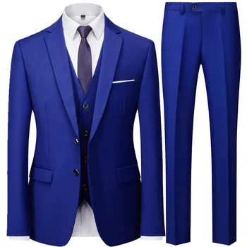 Модный Мужской повседневный деловой костюм 2023, комплект из 3 предметов / Мужские блейзеры на двух пуговицах, брюки, жилет, жилетка