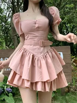 Y2k Kawaii Розовое Платье Женское Летнее 2023 С Запахом на поясе Милые Мини Короткие Платья Вечерние Корейская Мода Kpop Уличная Одежда