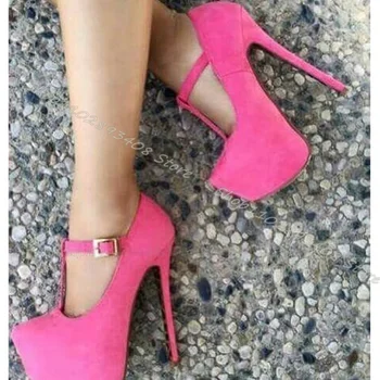 Розово-красные туфли-лодочки с пряжкой на щиколотке, платформа, Флок, круглый носок, Туфли на высоком каблуке, Удобное платье, вечерние туфли-лодочки, Zapatos Para Mujere