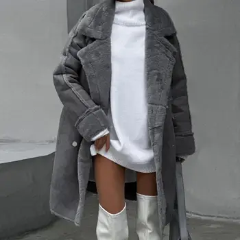 Пальто из искусственного меха плюшевое пальто для женщин с отворотом вырез воротник двубортный карманы на осень средней длины, зима с длинным рукавом