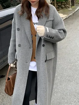 Женская куртка, зимняя утепленная офисная длинная шерстяная куртка, элегантная модная куртка из искусственной шерсти, простые топы с длинными рукавами для женщин