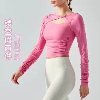 Плиссированный полый топ для йоги Ningbo Dashu, эластичная рубашка в рубчик, облегающая одежда для фитнеса, спортивная одежда с длинными рукавами