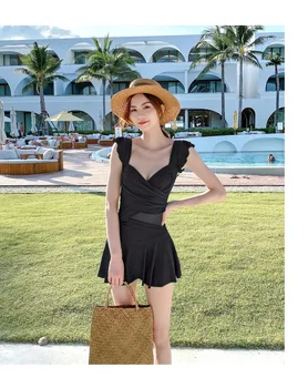 2023 Женская юбка с квадратным ремешком, черный цельный купальник с рюшами, Японский пуш-ап, милые купальники-Монокини