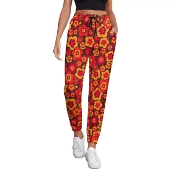 Брюки в стиле ретро с цветочным принтом, осенние красные цветы, современные джоггеры для бега трусцой, женские брюки с эстетичным принтом, Большой размер 2XL