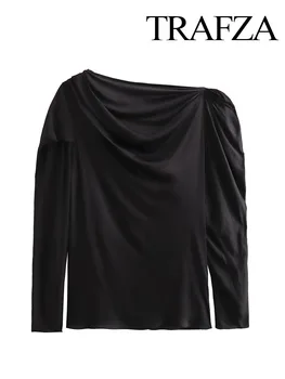 TRAFZA, Осенняя элегантная женская однотонная блузка, топ, повседневные женские рубашки с длинным рукавом, Шикарные винтажные рубашки из драпа, Блузы, Свободные Тонкие топы