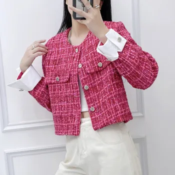 Короткое пальто для девочек с небольшим ароматом, осенне-зимняя розово-красная одежда, модные топы в стиле пэчворк