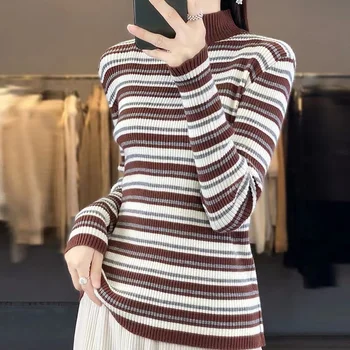 Осенне-зимняя нижняя рубашка, женские свитера, Новый Свободный женский свитер с длинным рукавом и полувысоким воротником, вязаный женский трикотаж