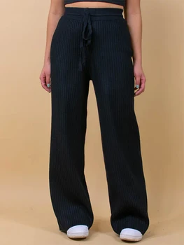 Женские широкие трикотажные брюки в рубчик повседневного свободного кроя, брюки-свитера с высокой талией, брюки-палаццо с эластичным поясом на завязках