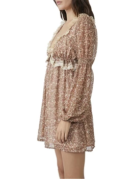 Женское богемное мини-платье свободного кроя в стиле бохо, мини-платье с V-образным вырезом и длинными рукавами, многоуровневые платья с оборками, пляжная одежда