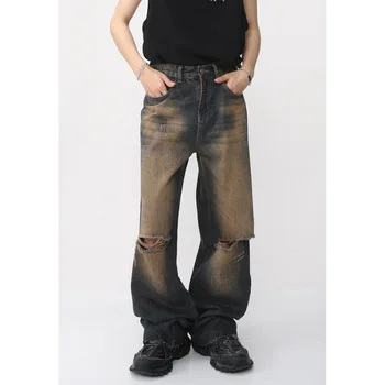 Летние Мужские джинсы с металлическими отверстиями на пуговицах 2023, модные повседневные брюки, Свободная новая уличная одежда в стиле ретро, Брюки синего цвета S-XL
