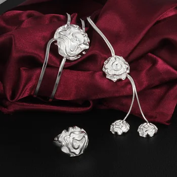 Популярные бренды, женское серебро 925 пробы, красивые ожерелья с розами, браслеты, кольца, набор ювелирных изделий, модный свадебный подарок для вечеринки