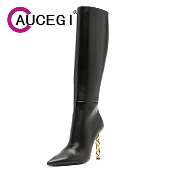 Aucegi/ Лидер продаж, Высококачественные Кожаные пикантные сапоги до колена с острым носком, демисезонные женские черные вечерние туфли на молнии, Большие размеры 34-44