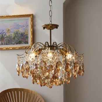 Французская романтическая хрустальная люстра американская ретро-медная люстра спальня гостиная гардеробная роскошные янтарные хрустальные лампы