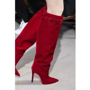 Красные Атласные Сапоги До Колена С ремешками, Женская Обувь с Острым Носком На Тонком Высоком Каблуке, Пикантная Женская Зимняя Обувь 2023 Zapatos Para Mujere