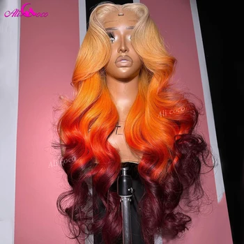 Ali Coco Hair Ombre Оранжево-Красный 99J Синтетические Волосы На Кружеве Натуральные Волосы Парики Для Женщин HD Прозрачный Синтетический Парик На Кружеве Предварительно Выщипанный Remy Волнистый