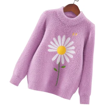 Пуловер, Вязаная детская одежда в цветочек, свитер для маленьких девочек, осенняя одежда, одежда для больших девочек, дети-подростки 6 12 16 лет