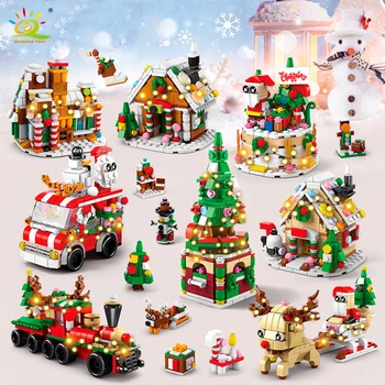 Мини-модель Рождественской елки HUIQIBAO, строительный блок из микро-кирпичей, Городской поезд, торт Санта-Клауса, детские игрушки, Рождественский подарок